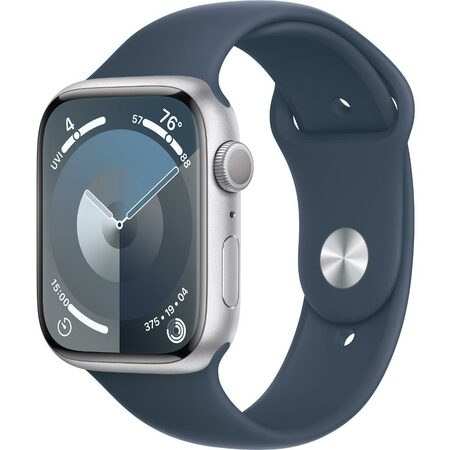Chytré hodinky Apple Watch Series 9 GPS 45mm pouzdro ze stříbrného hliníku - bouřkově modrý sportovní řemínek - M/L