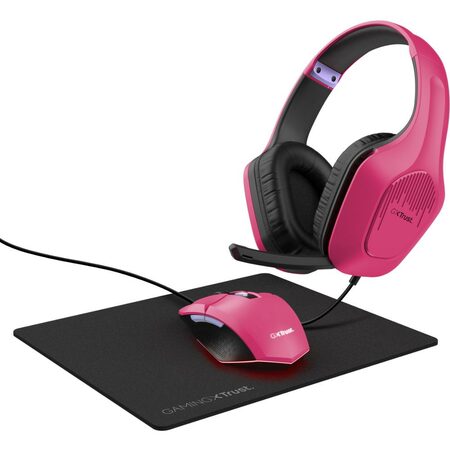 Herní set Trust GXT 790 3v1, headset + myš + podložka pod myš - růžový