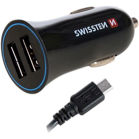 SWISSTEN nabíječ 2xUSB 12V/2,4A ČERNÁ + micro USB kabel