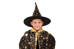 Klobouk čarodějnický + plášť pro děti průměr 38cm černo-zlatý v sáčku karneval
